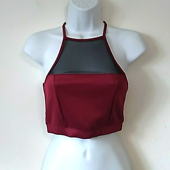 Forever 21 Tops - Forever 21 burgundy wine athletic yoga halter crop top with mesh insert S